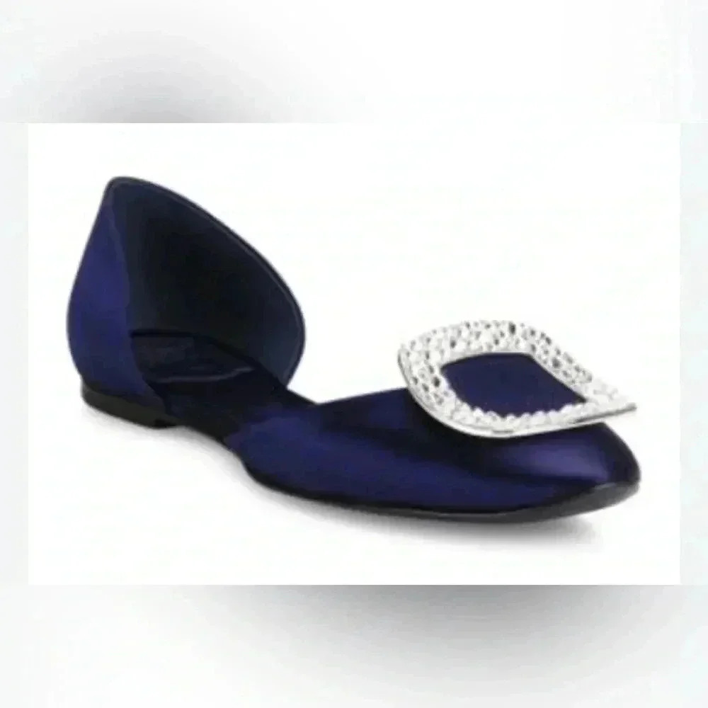 Roger Vivier Navy Satin Crystal Buckle D’Orsay Flats EU 35.5 (Fits 36.5) - Picture 2 of 7